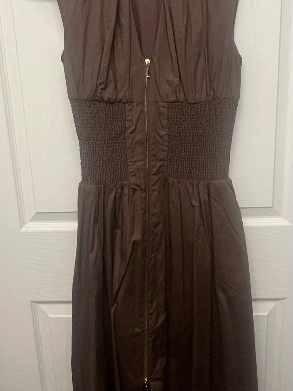 Anthropologie Brown Cap-Sleeve Smocked Front-Zip Midi Dress - Picture 2 of 4